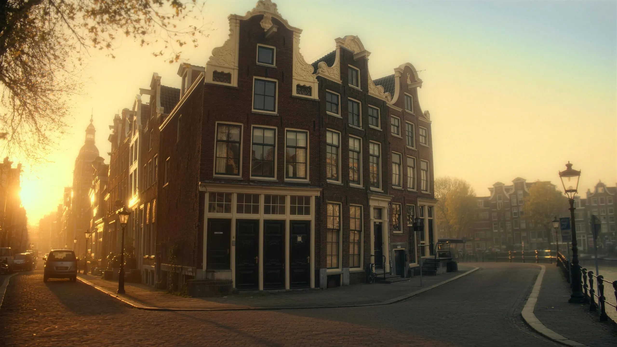 Amsterdamse gracht met grachtenpanden in zacht ochtendlicht